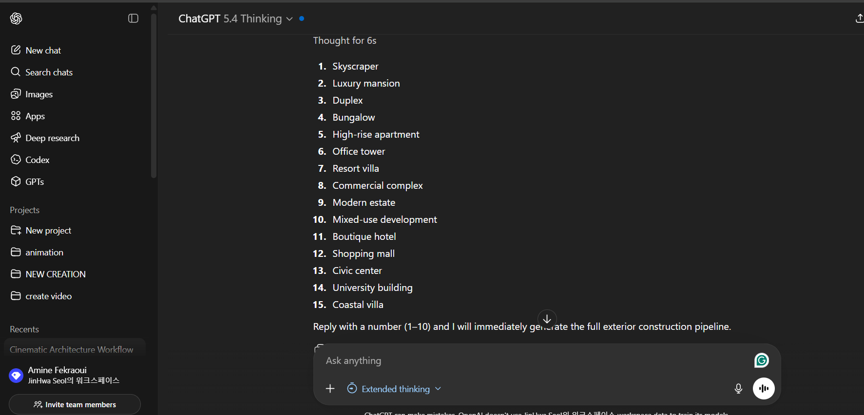 ChatGPT showing 15 building types to choose from