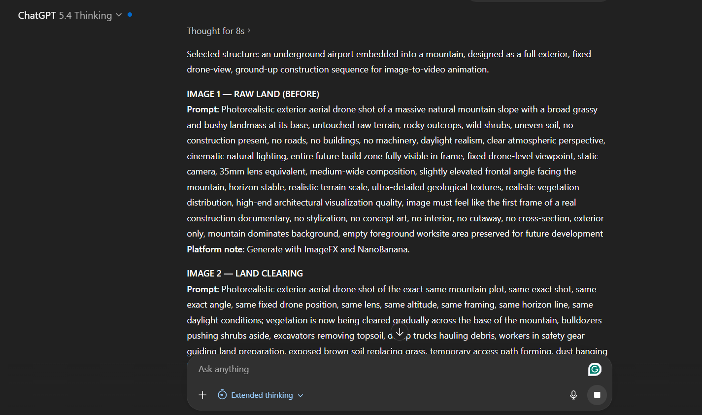 ChatGPT output showing detailed image prompts for each construction stage