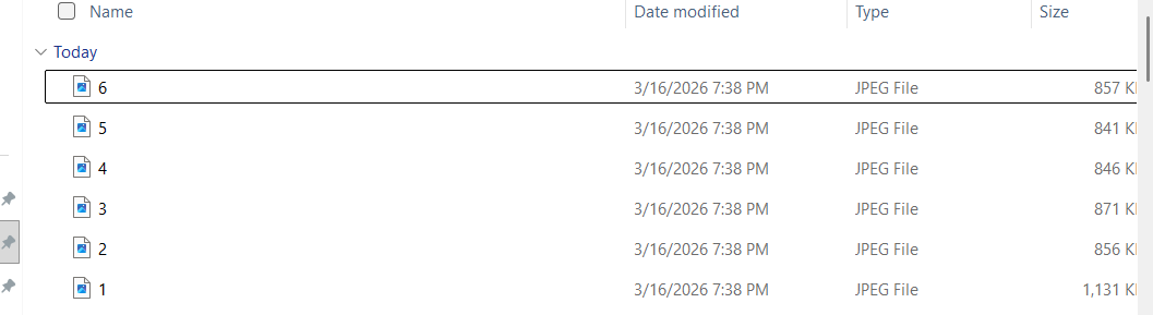6 downloaded JPEG files named 1 through 6 in the Downloads folder