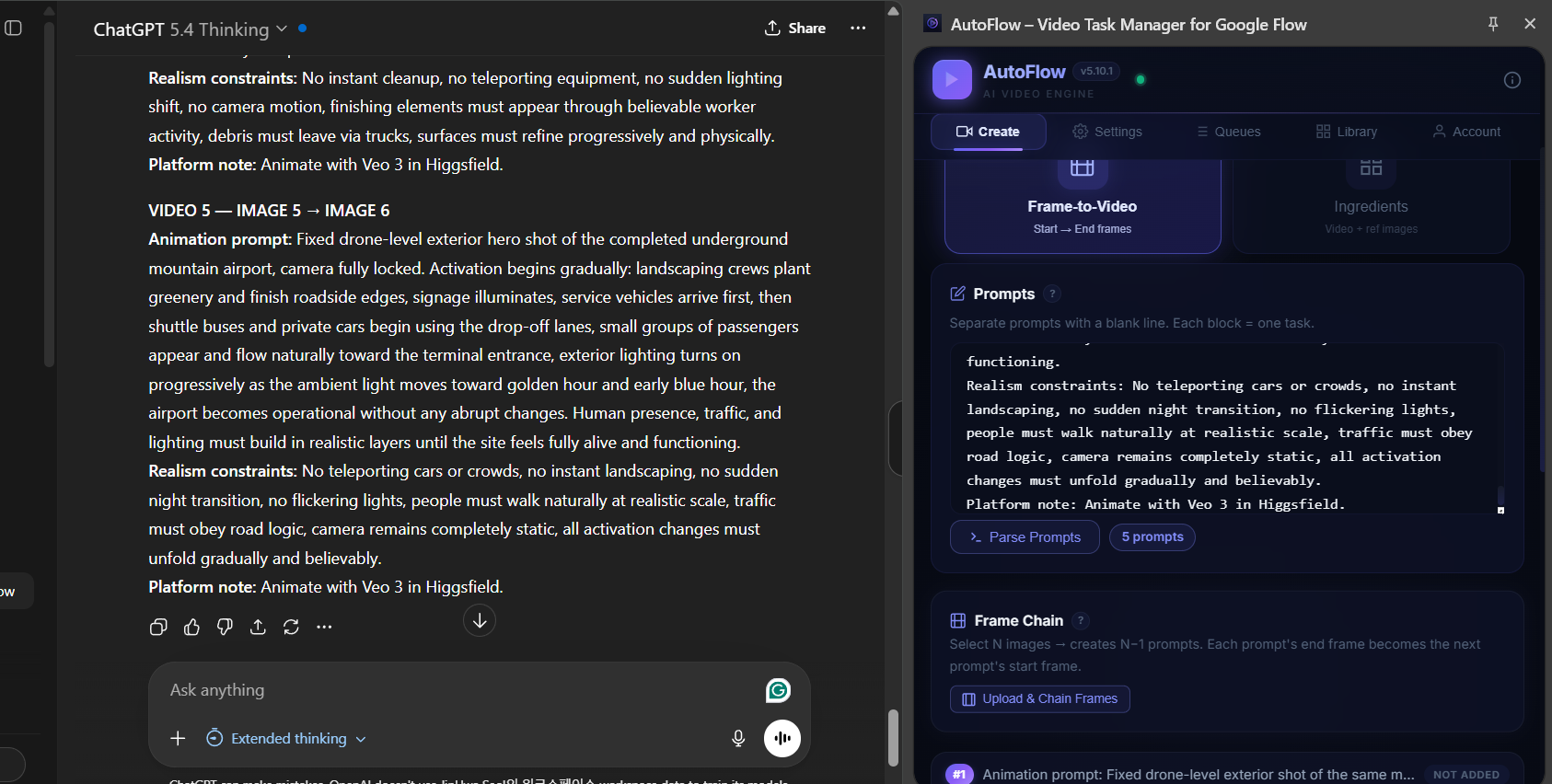 AutoFlow side panel showing Frame-to-Video mode with 5 parsed video prompts