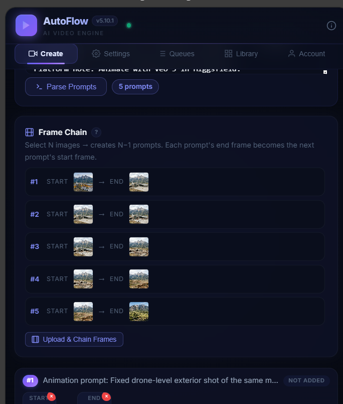 AutoFlow showing 5 frame chain pairs with start and end thumbnails