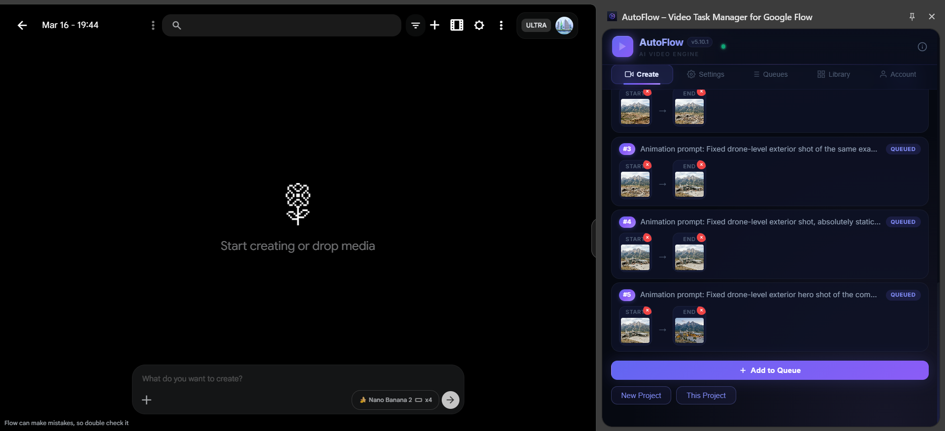 AutoFlow Queues tab showing 5 prompts pending with generation settings