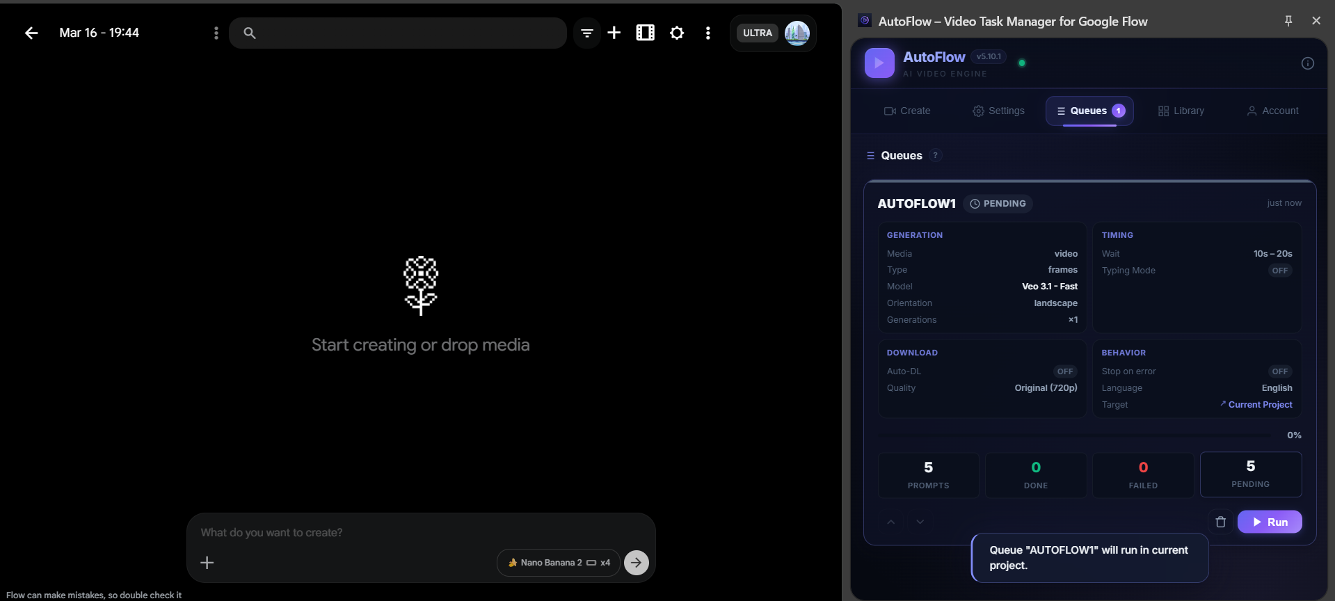AutoFlow Run Monitor showing live progress: uploading frames, filling prompts
