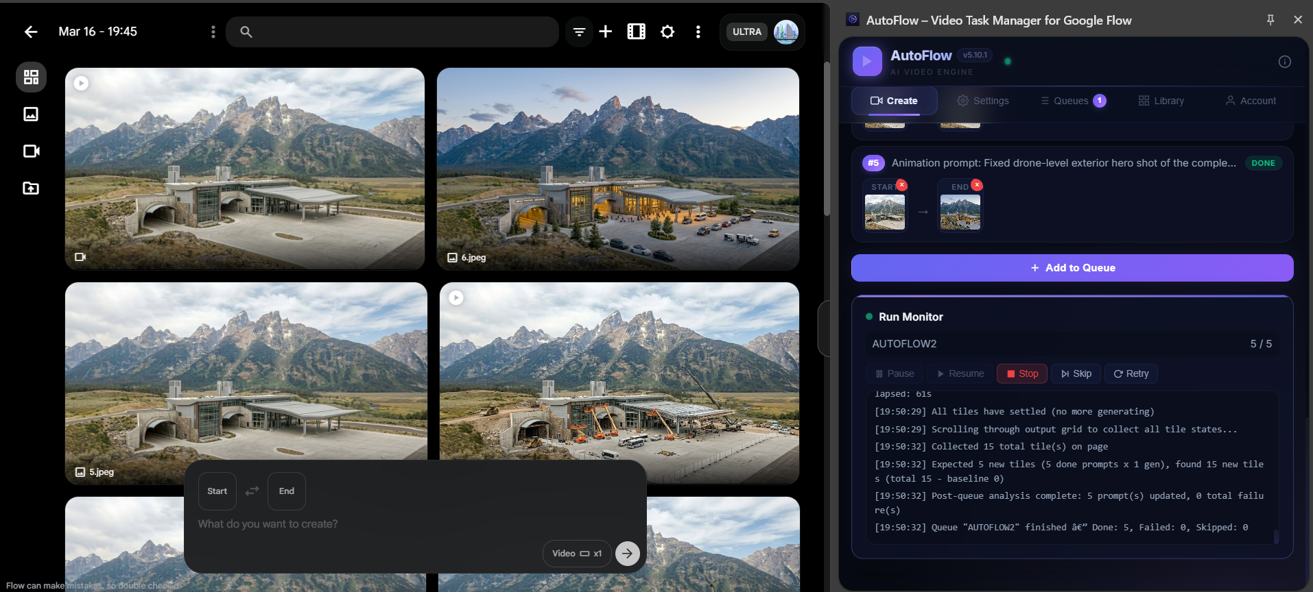 AutoFlow Library showing 5 generated construction ASMR videos with Scan Project results