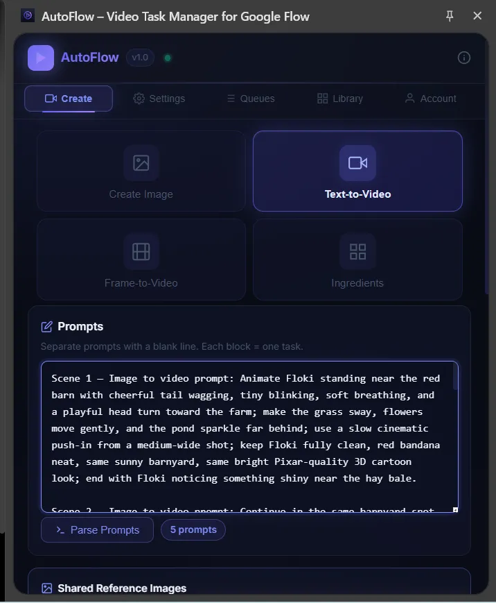 AutoFlow Create tab showing batch prompt editor with 5 parsed scenes