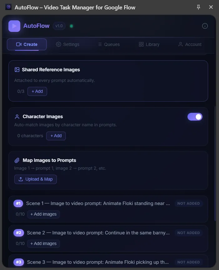 AutoFlow showing shared reference images, character matching, and per-prompt image slots