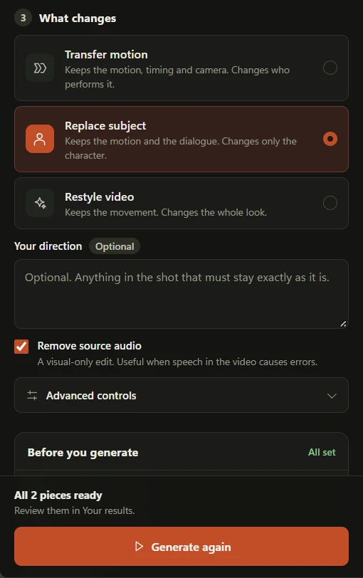 Choosing what changes in AutoFlow Motion: transfer motion, replace subject or restyle video