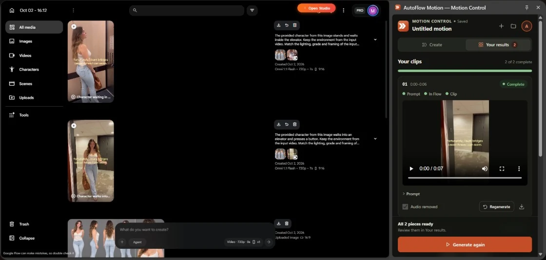 Google Flow with the AutoFlow Motion panel open: two finished clips of the character, and piece 1 playing in Your results