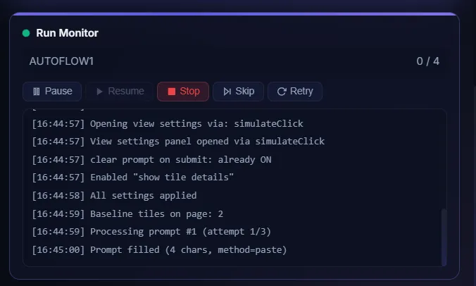 AutoFlow Run Monitor showing live automation log with pause, resume, stop, skip, and retry controls