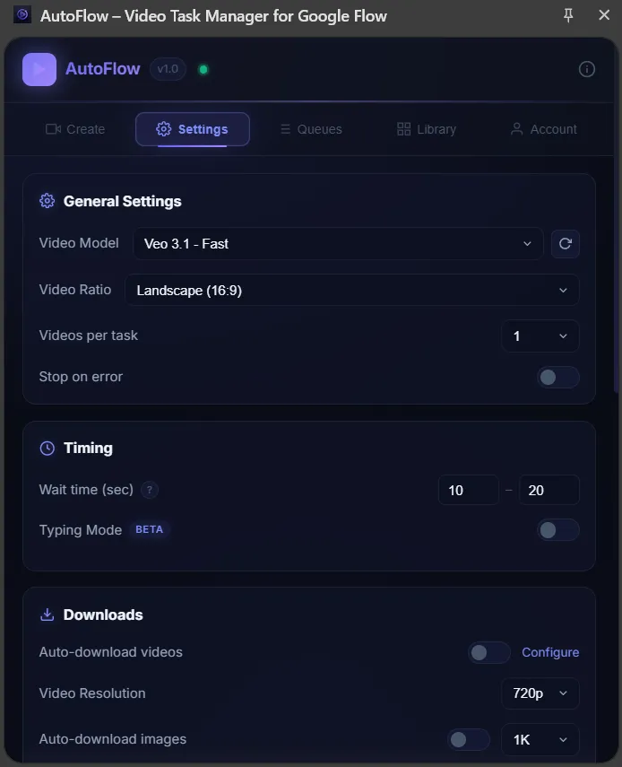 AutoFlow Settings showing video model, ratio, timing, download, and language options